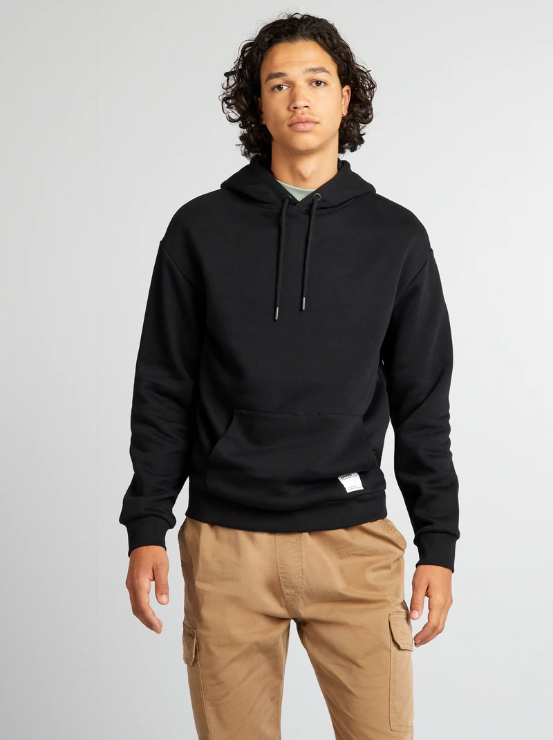 man- black hooded fleece sweatshirt